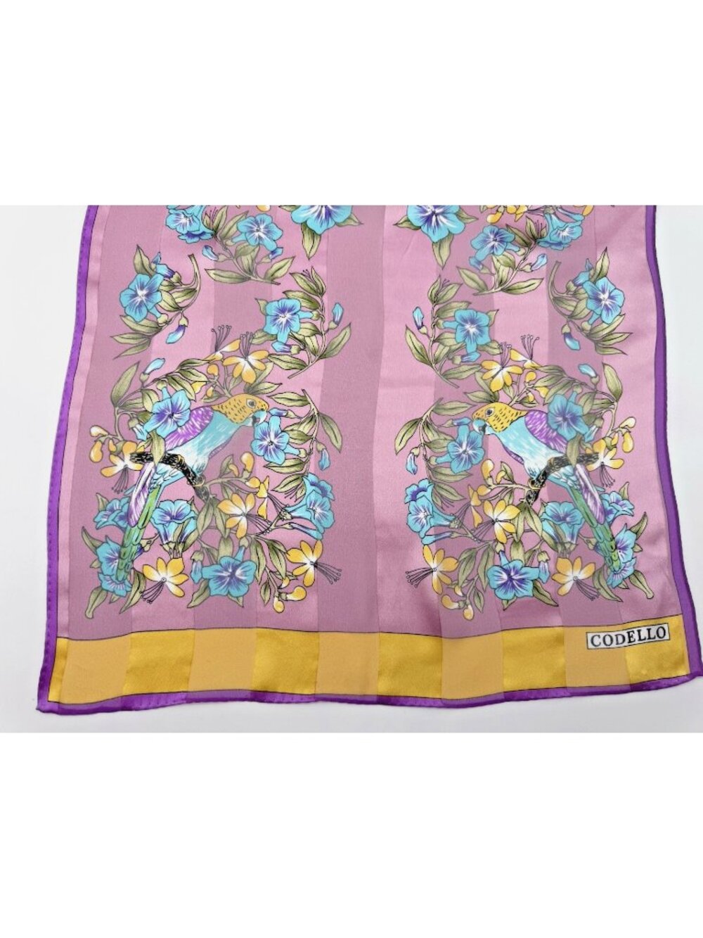 Vintage CODELLO Silk Chiffon Scarf Florals, Birds, Stripes, Hand Rolled 17"x70"